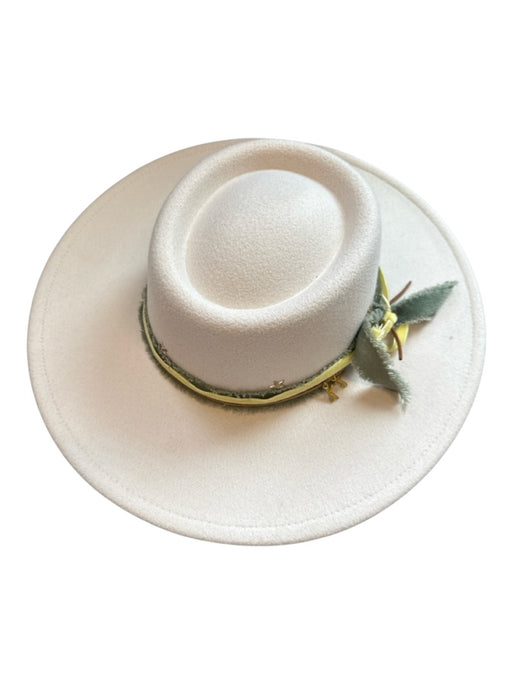 Cream & Green Polyester Ribbon Leather Accents Wide Brim Hat Cream & Green / M