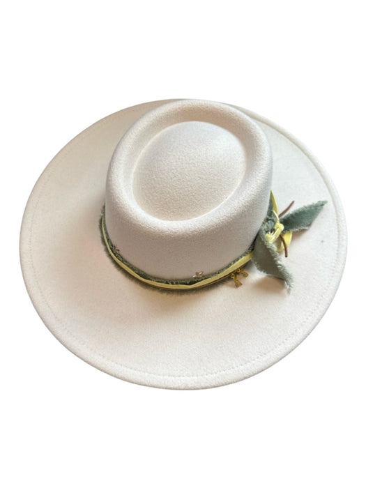 Cream & Green Polyester Ribbon Leather Accents Wide Brim Hat Cream & Green / M