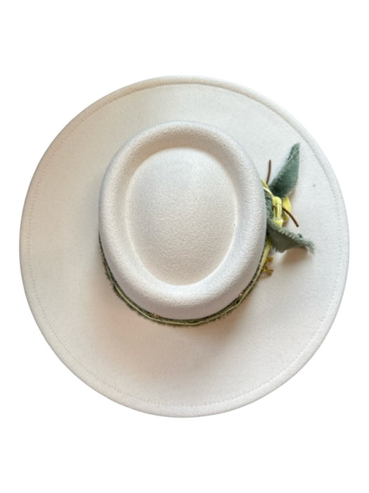 Cream & Green Polyester Ribbon Leather Accents Wide Brim Hat Cream & Green / M