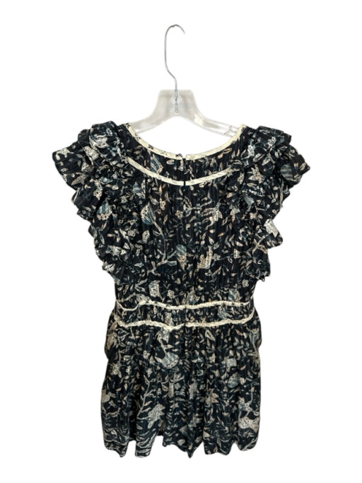 Ulla Johnson Size 6 Navy & Tan Cotton Flutter Sleeves Flowers Back Zip Romper Navy & Tan / 6