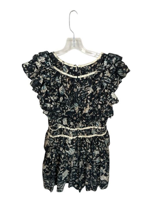 Ulla Johnson Size 6 Navy & Tan Cotton Flutter Sleeves Flowers Back Zip Romper Navy & Tan / 6
