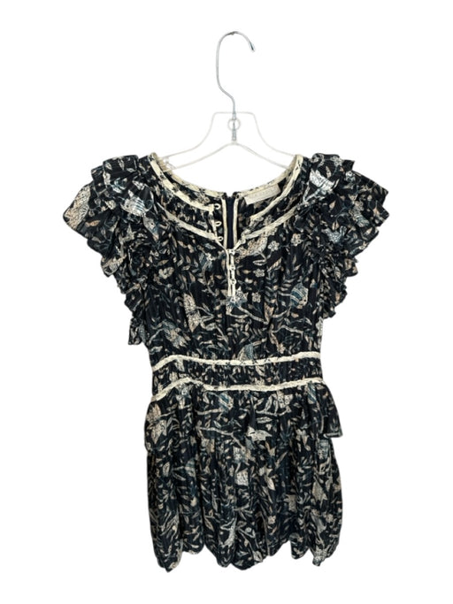 Ulla Johnson Size 6 Navy & Tan Cotton Flutter Sleeves Flowers Back Zip Romper Navy & Tan / 6