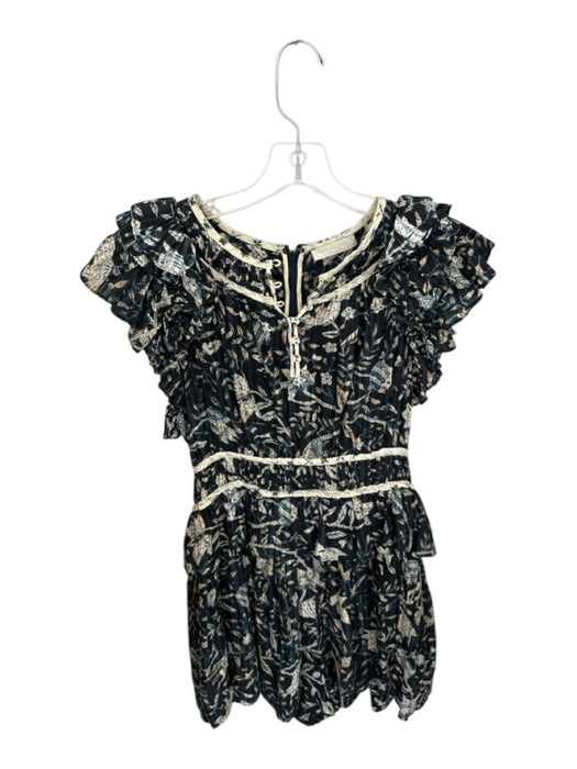 Ulla Johnson Size 6 Navy & Tan Cotton Flutter Sleeves Flowers Back Zip Romper Navy & Tan / 6