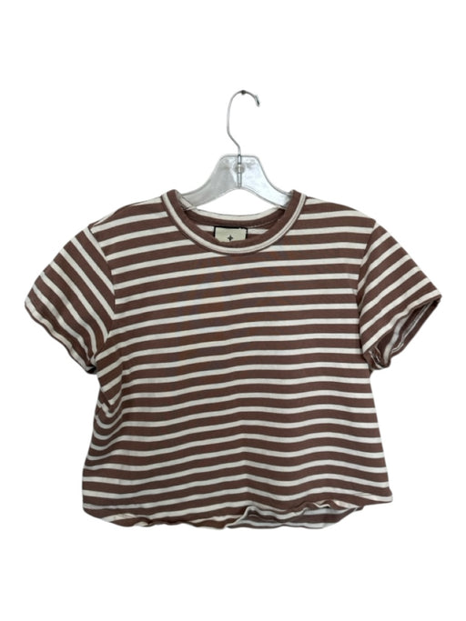 Tuckernuck Size M Brown & Cream Cotton Short Sleeve Striped Cropped Top Brown & Cream / M