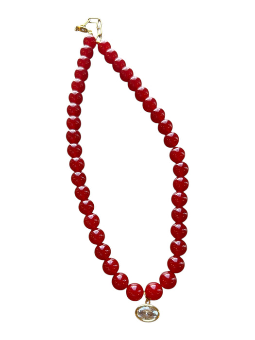 Red & Gold Stone Beads Oval Pendant Necklace Red & Gold