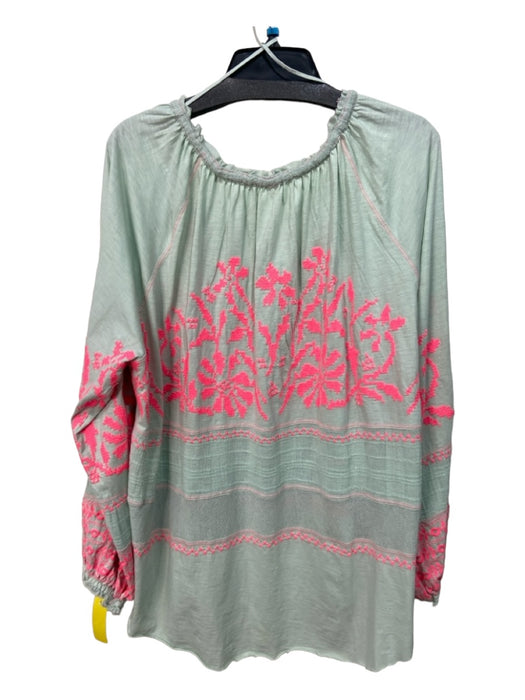 Free People Size M Mint & Pink Cotton Long Sleeve Embroider Detailing Top Mint & Pink / M