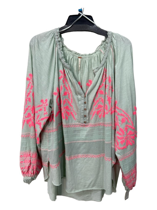 Free People Size M Mint & Pink Cotton Long Sleeve Embroider Detailing Top Mint & Pink / M