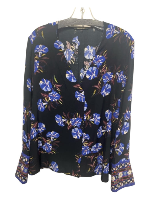 Kobi Halperin Size L Black, Blue, Multi Silk floral print Long Sleeve V Neck Top Black, Blue, Multi / L