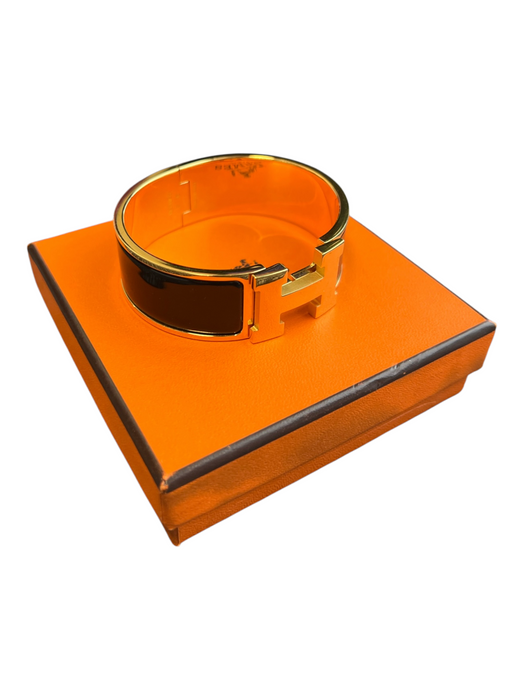 Hermes Black & Gold Polished Enamel Yellow Gold-Plated Twist Lock Bracelet Black & Gold