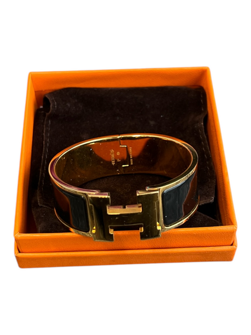 Hermes Black & Gold Polished Enamel Yellow Gold-Plated Twist Lock Bracelet Black & Gold