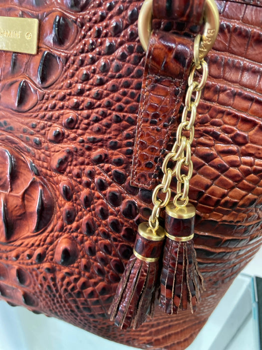 Brahmin Brown Leather Croc Embossed Top Handles GHW Zip Close Bag