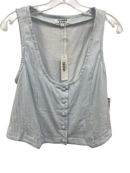 Frankies Bikinis Size L White & Blue Cotton Striped Button Front U Neck Vest Top White & Blue / L