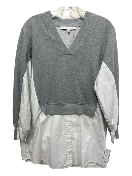 English Factory Size S Grey & White Cotton Fabric Block Button Trim V Neck Dress Grey & White / S