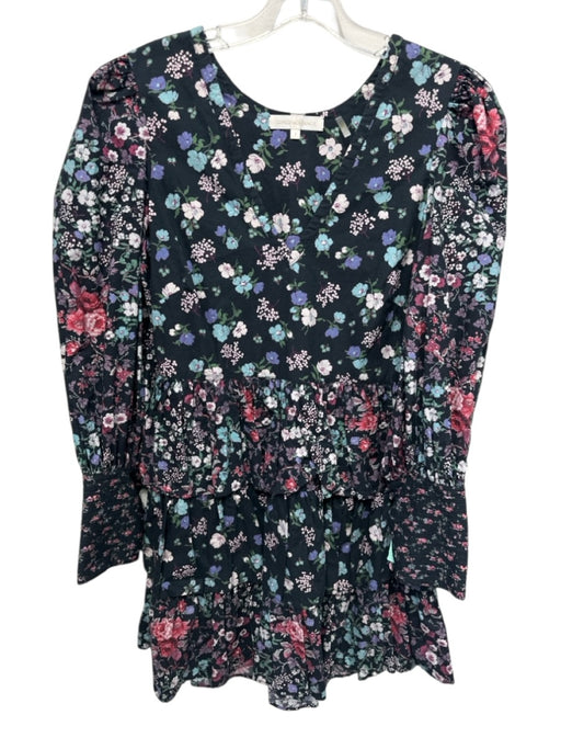 Loveshackfancy Size 2 Black & Multi Cotton V Neck Floral Tiered Skirt Mini Dress Black & Multi / 2