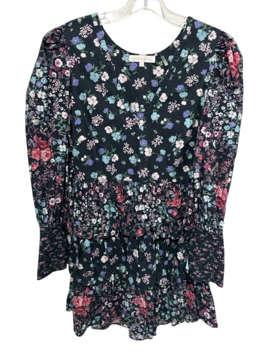 Loveshackfancy Size 2 Black & Multi Cotton V Neck Floral Tiered Skirt Mini Dress Black & Multi / 2