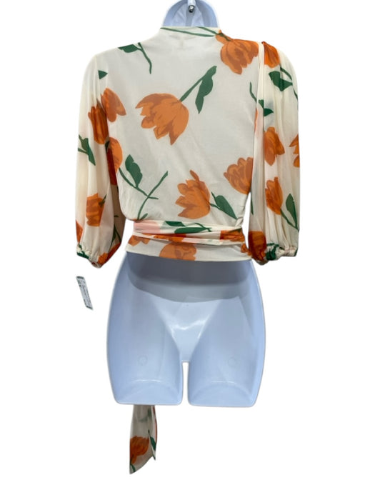 Ganni Size 36 Peach & Multi Polyamide V Neck Floral Tie Waist Top Peach & Multi / 36