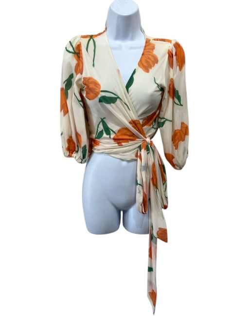 Ganni Size 36 Peach & Multi Polyamide V Neck Floral Tie Waist Top Peach & Multi / 36