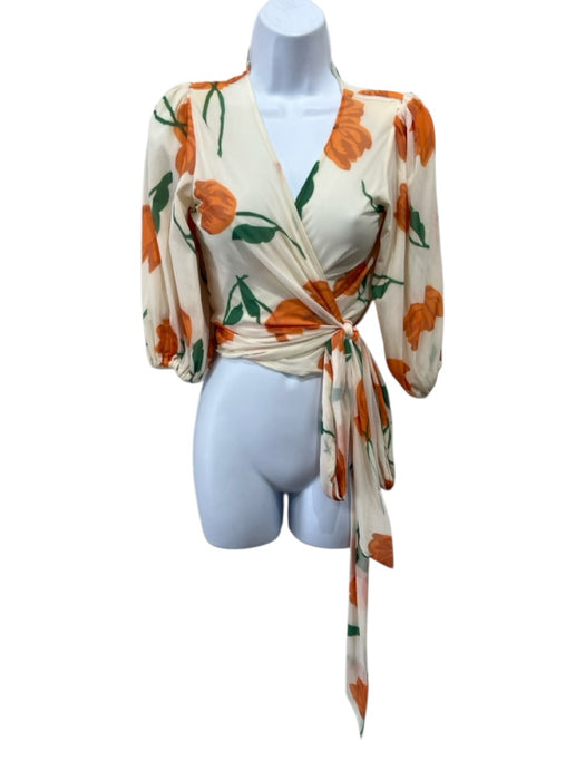 Ganni Size 36 Peach & Multi Polyamide V Neck Floral Tie Waist Top Peach & Multi / 36