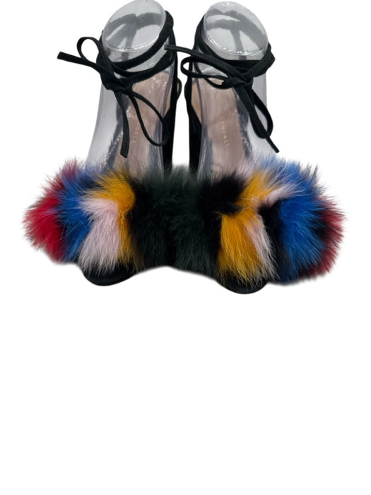 Loeffler Randall Shoe Size 7B Black & Multi Suede Faux Fur Wrap Ankle Sandals Black & Multi / 7B