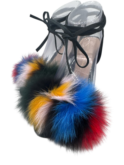 Loeffler Randall Shoe Size 7B Black & Multi Suede Faux Fur Wrap Ankle Sandals Black & Multi / 7B