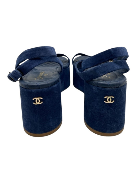 Chanel Shoe Size 39 Navy Blue Suede Platform Ankle Strap Gold Hardware Sandals Navy Blue / 39