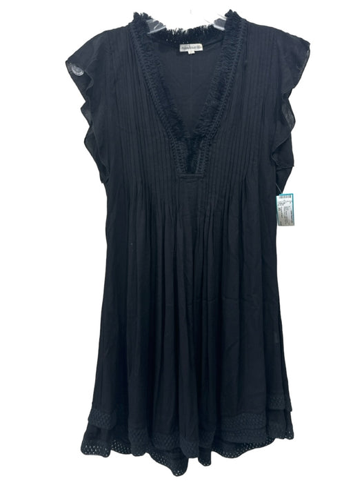 Poupette St. Barth Size XS Black Viscose Ruffle Cap Sleeve Pintuck V Neck Dress Black / XS