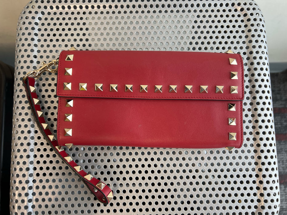 Valentino Garavani Red Leather Pyramid studs Solid Removable Strap Wallets