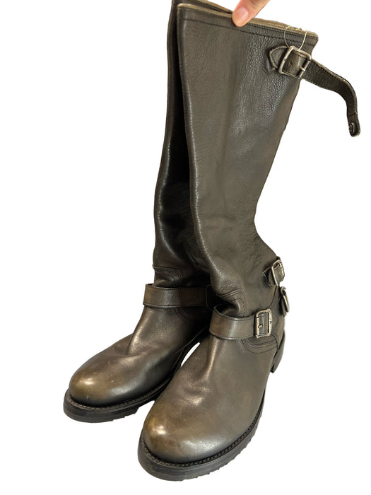 Frye Shoe Size 9.5 Greenish Black Leather Almond Toe Back Zip Moto Boots