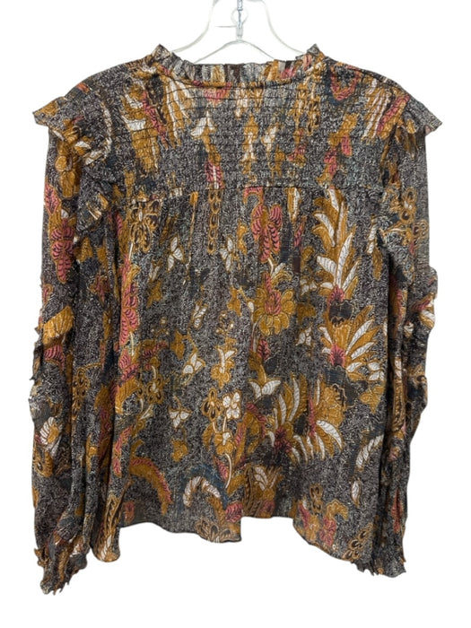 Ulla Johnson Size 4 Brown, Yellow & Orange Silk Gold Thread V Neck Top Brown, Yellow & Orange / 4