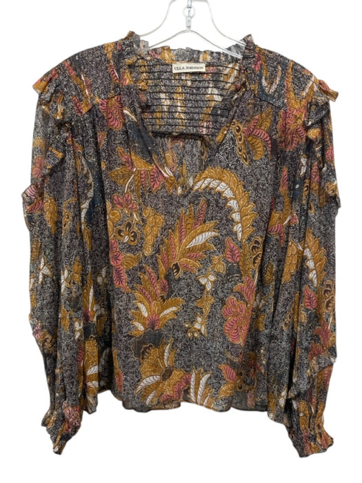 Ulla Johnson Size 4 Brown, Yellow & Orange Silk Gold Thread V Neck Top Brown, Yellow & Orange / 4
