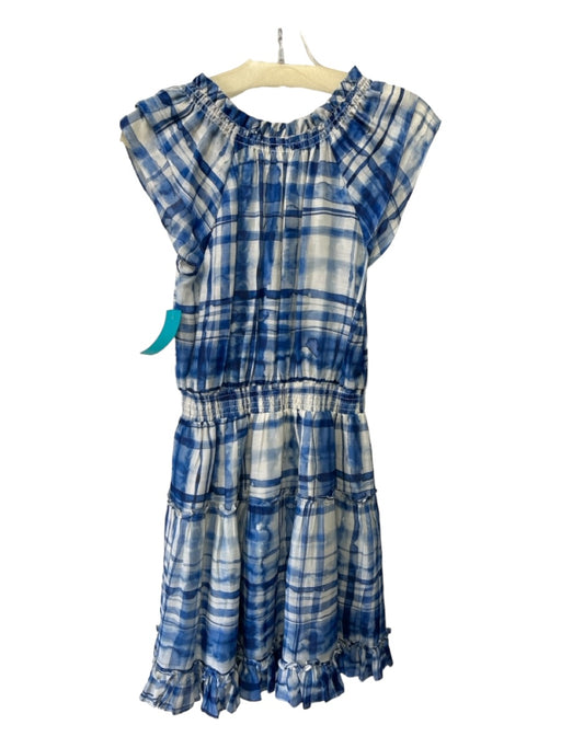 Shoshanna Size 2 Blue & White Linen Blend Plaid Elastic Waist V Neck Dress Blue & White / 2