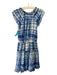 Shoshanna Size 2 Blue & White Linen Blend Plaid Elastic Waist V Neck Dress Blue & White / 2