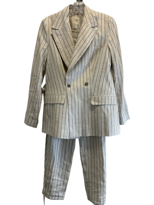 Yargici Size XS Cream & Taupe Linen Blend Metallic Thread Stripe Blazer Pant Set Cream & Taupe / XS