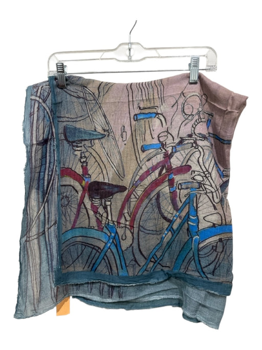 813 Ottoredici Blue, Pink, Cream Cashmere Blend Fringe Illustrations scarf Blue, Pink, Cream