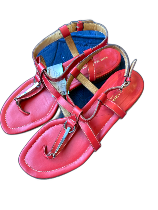 Ann Mashburn Shoe Size 38 Red & Silver Leather Thong Side Buckle Sandals Red & Silver / 38