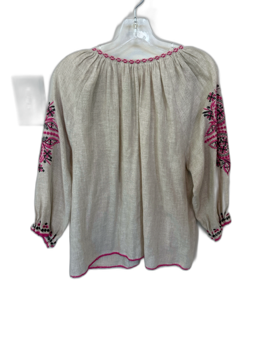 Ulla Johnson Size 6 Taupe & Pink Linen & Cotton Long Sleeve Embroidered Top Taupe & Pink / 6