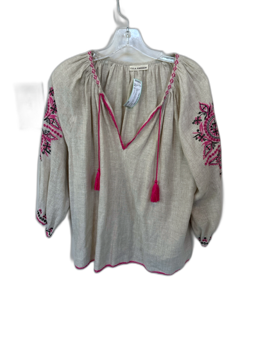 Ulla Johnson Size 6 Taupe & Pink Linen & Cotton Long Sleeve Embroidered Top Taupe & Pink / 6