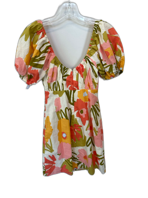 SABO Size XS Pink & Green Cotton Short Balloon Sleeve Flowers Buttons Dress Pink & Green / XS