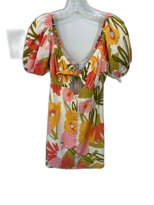 SABO Size XS Pink & Green Cotton Short Balloon Sleeve Flowers Buttons Dress Pink & Green / XS
