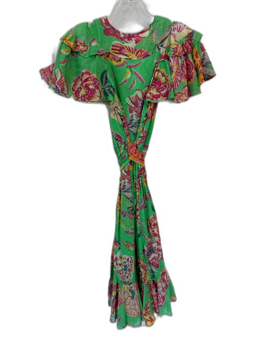 Banjanan Size XS Green & Pink Cotton Flutter Sleeves Botanical Belted Maxi Dress Green & Pink / XS