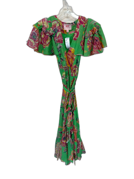 Banjanan Size XS Green & Pink Cotton Flutter Sleeves Botanical Belted Maxi Dress Green & Pink / XS
