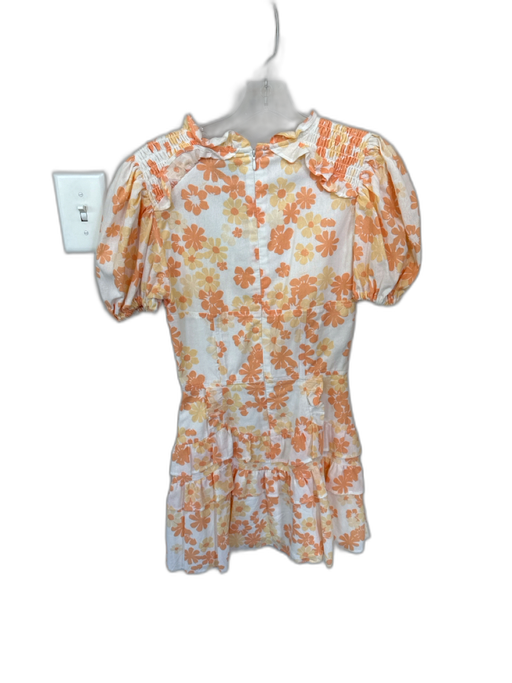 Sabo Skirt Size XS White & Orange Cotton Short Balloon Sleeve Flowers Dress White & Orange / XS