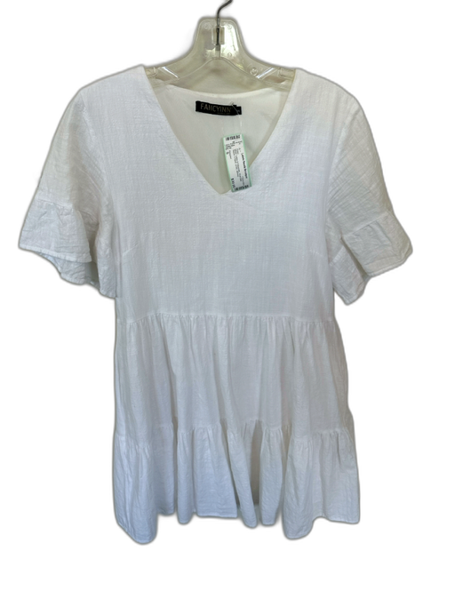 Fancyinn Size S White Cotton & Polyester Short Bell Sleeve V Neck Lined Dress White / S