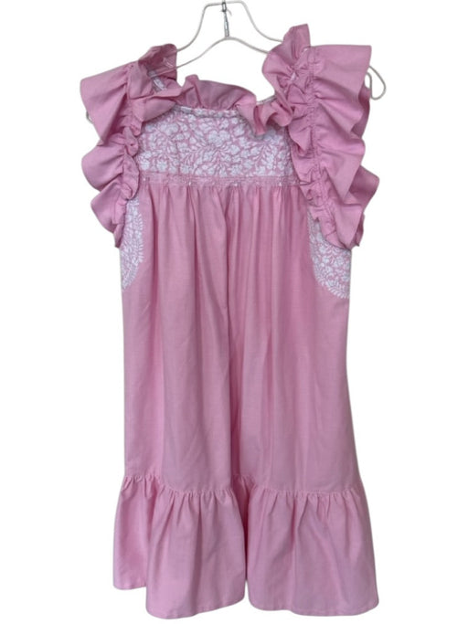 Mi Golondrina Size XS Pink & White Cotton Flutter Sleeves embroider neck Dress Pink & White / XS