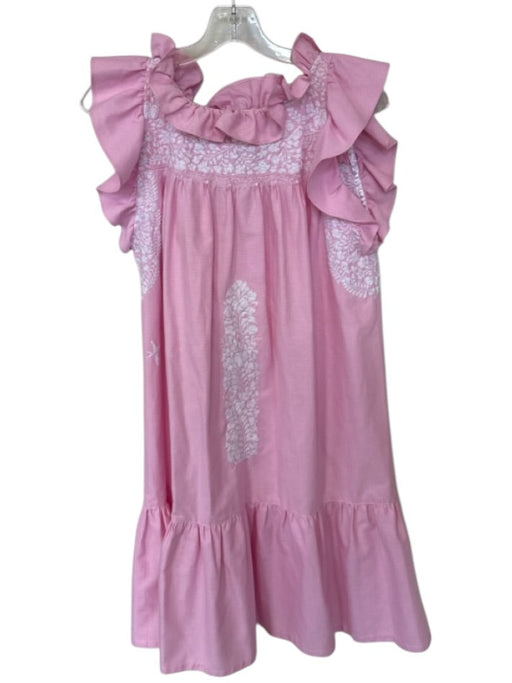 Mi Golondrina Size XS Pink & White Cotton Flutter Sleeves embroider neck Dress Pink & White / XS