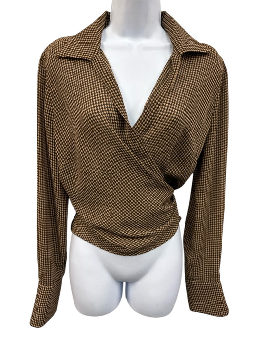 Lafayette 148 Size 8 Brown Polyester Herringbone Wrap Long Sleeve Top Brown / 8
