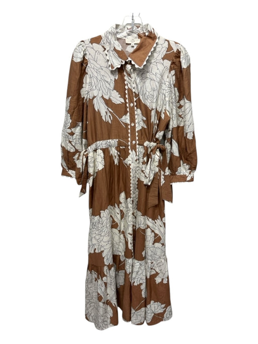Entro Size M Brown & Ivory Rayon Blend floral print Tie belt Button Front Dress Brown & Ivory / M