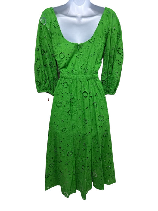 Carolina Herrera Size 6 Kelly Green Cotton Long Balloon Sleeve Eyelet Midi Dress Kelly Green / 6