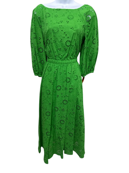 Carolina Herrera Size 6 Kelly Green Cotton Long Balloon Sleeve Eyelet Midi Dress Kelly Green / 6