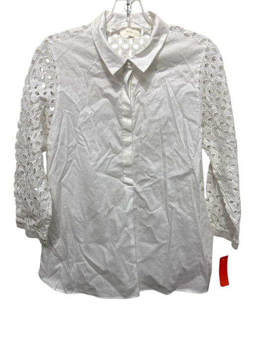 Pluto Size 38 White Cotton Long Sleeve Eyelet Sleeves Buttons & Collar Top White / 38